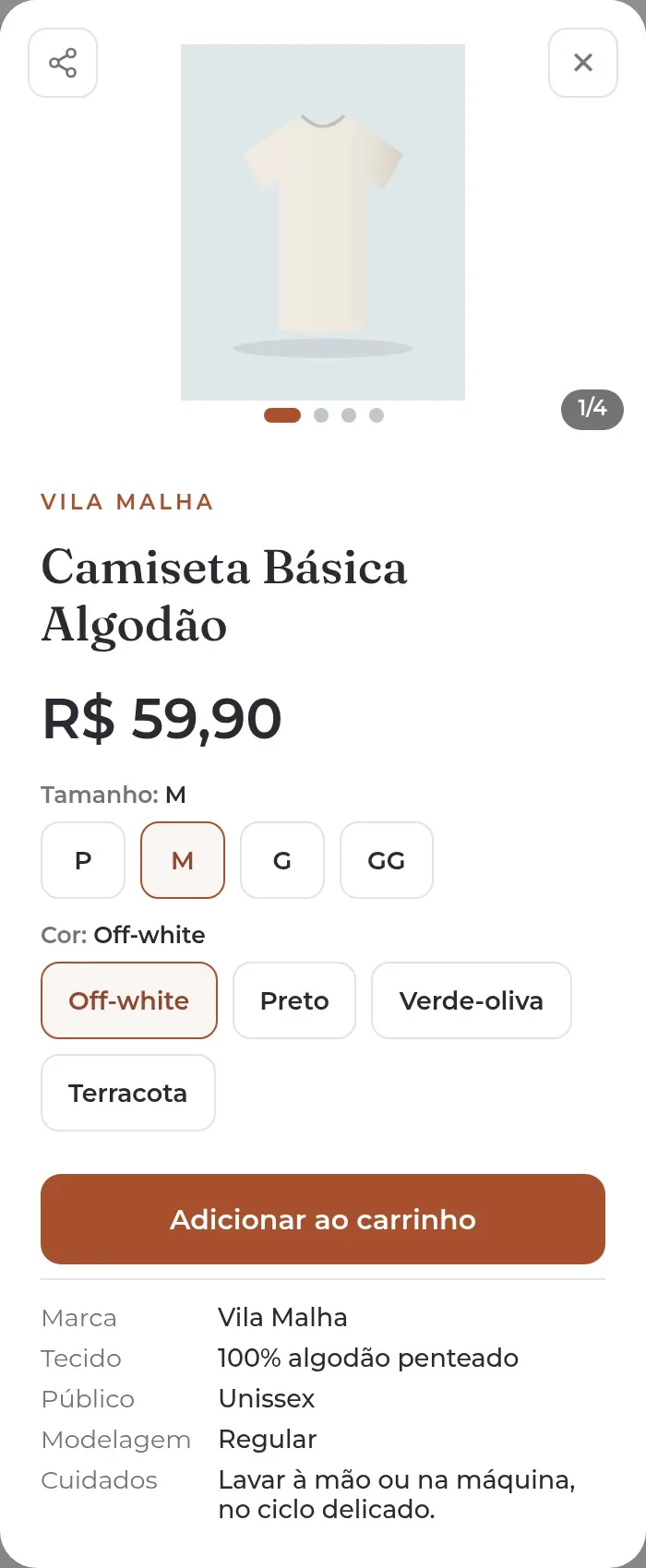 Produto de uma loja de roupas com escolha de tamanho e cor, tecido, público, modelagem e cuidados
