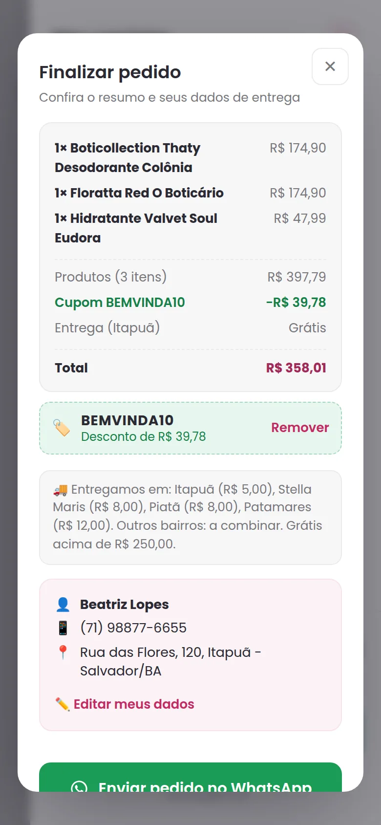 Finalizar pedido com cupom aplicado