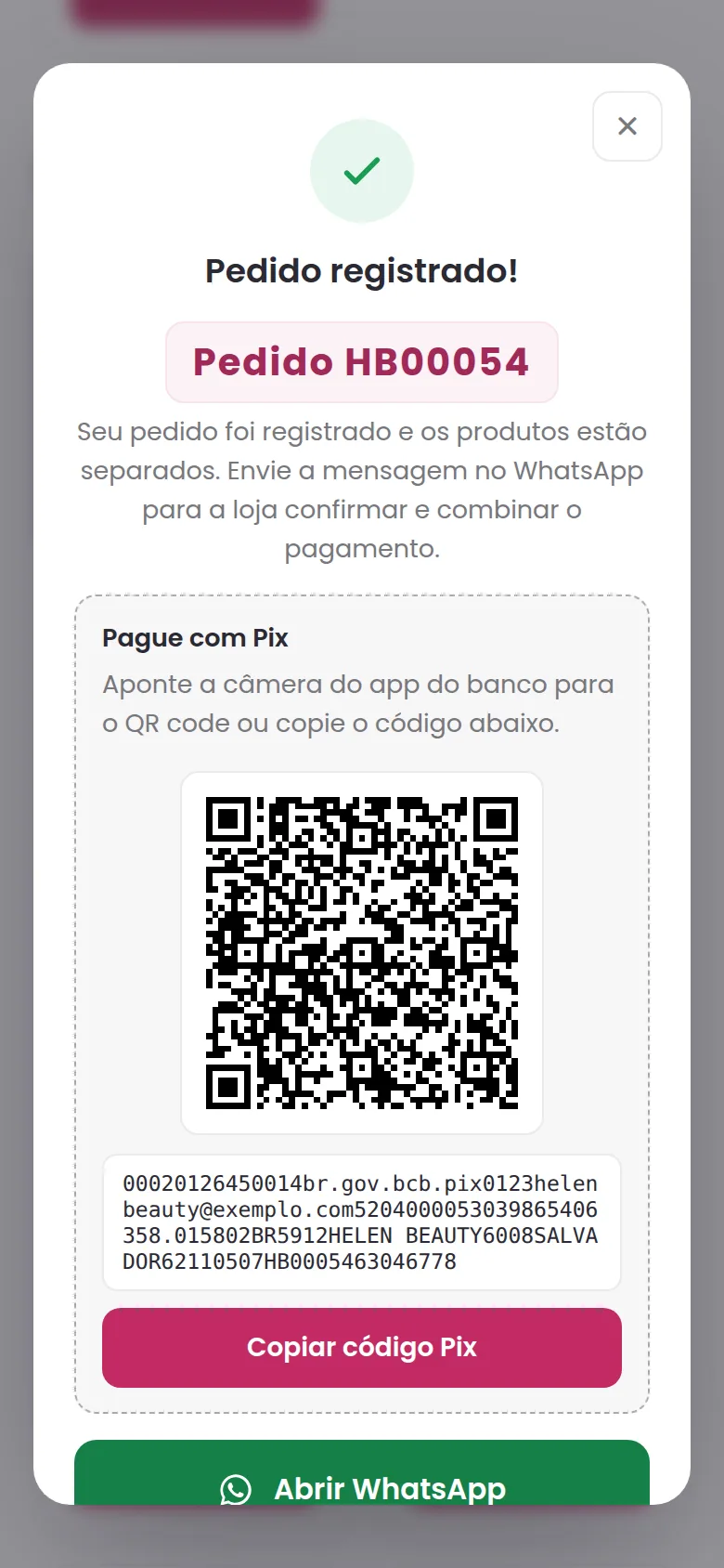 Pedido registrado com Pix
