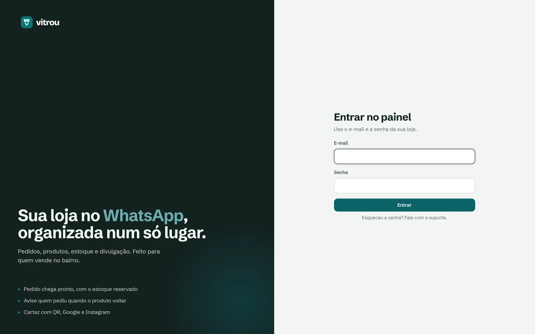 Tela de login do painel Vitrou