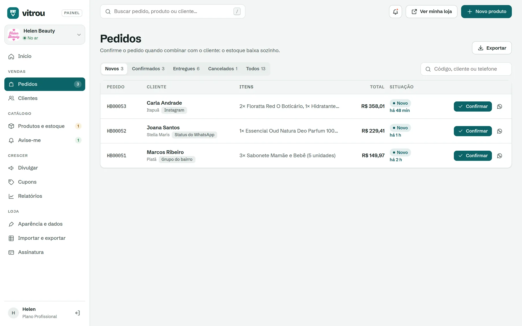 Lista de pedidos novos