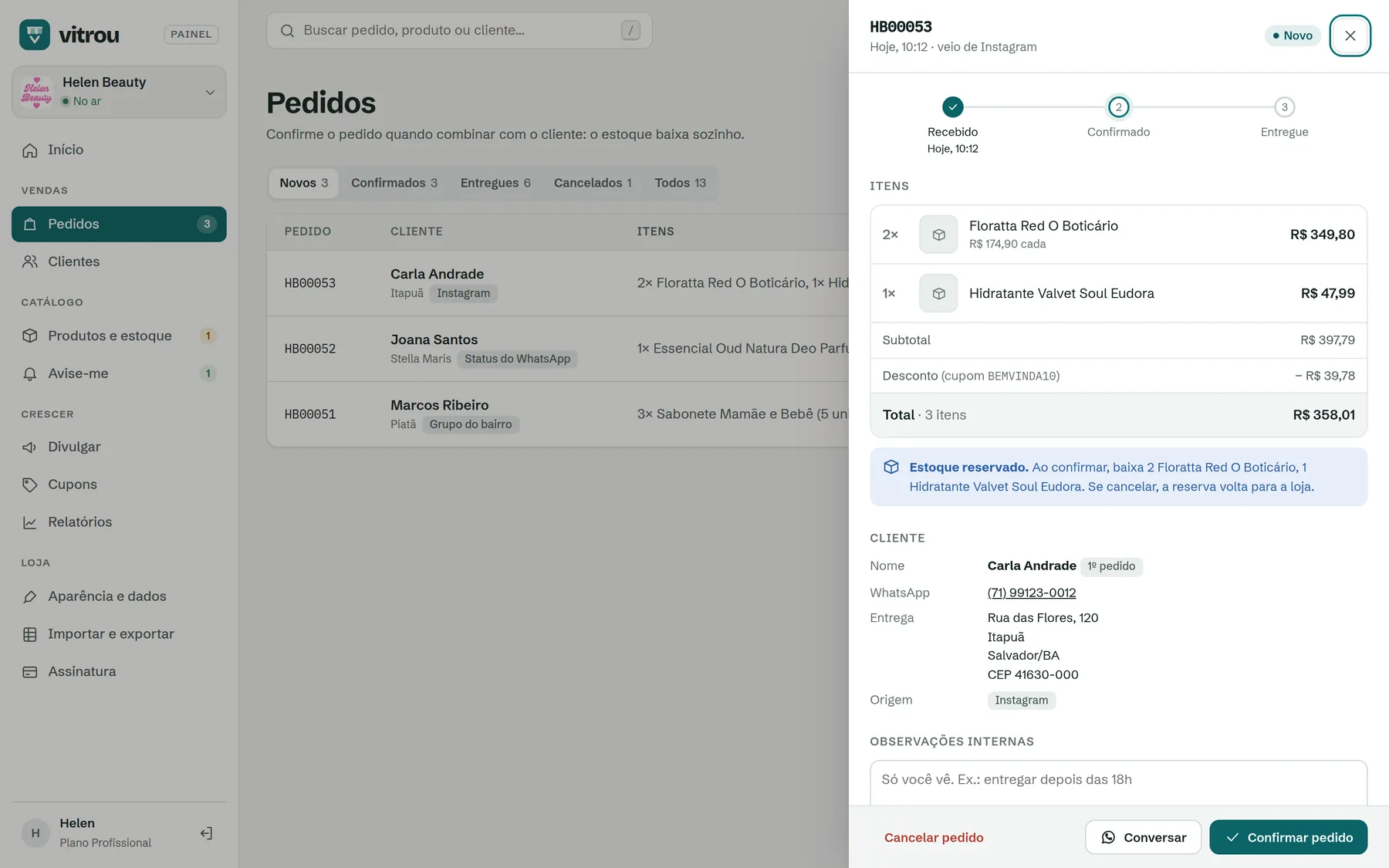 Painel do pedido novo com itens, cupom e dados da cliente