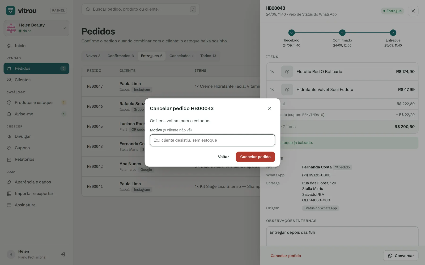 Janela de cancelar pedido