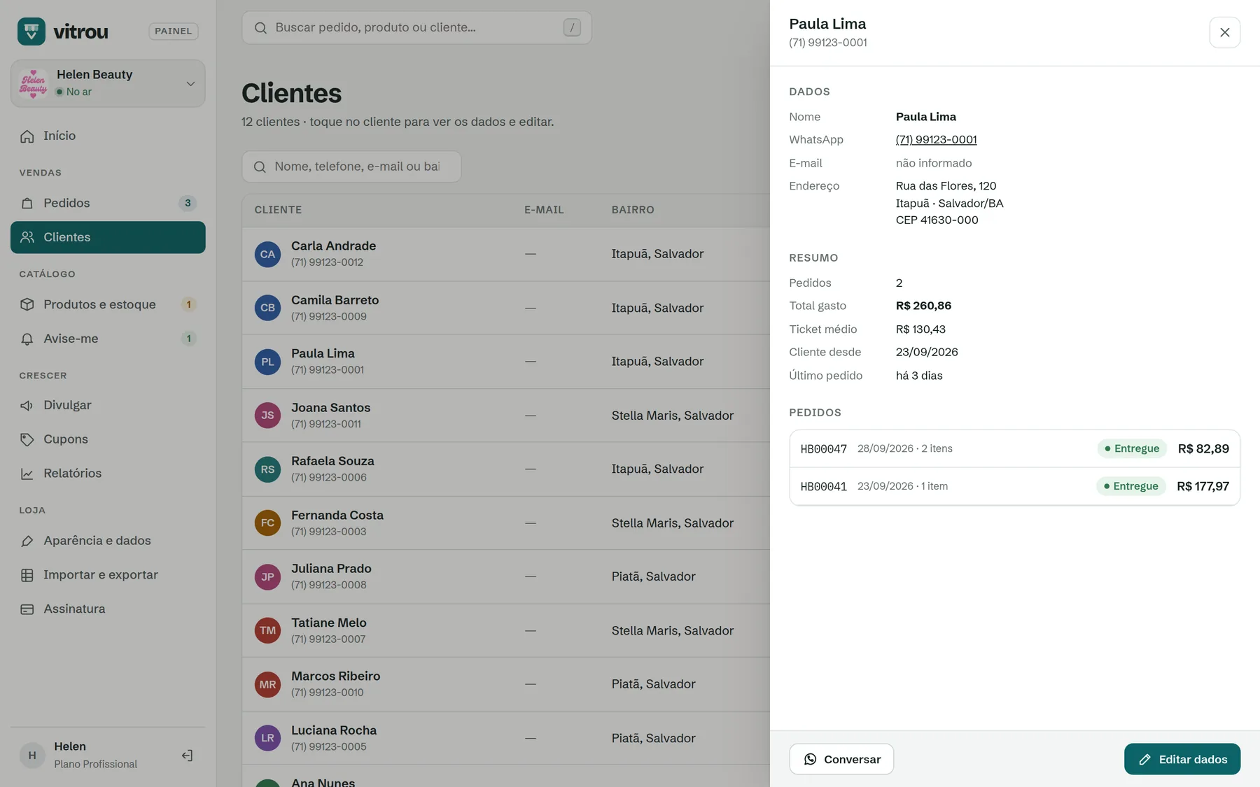 Painel de uma cliente com resumo e pedidos