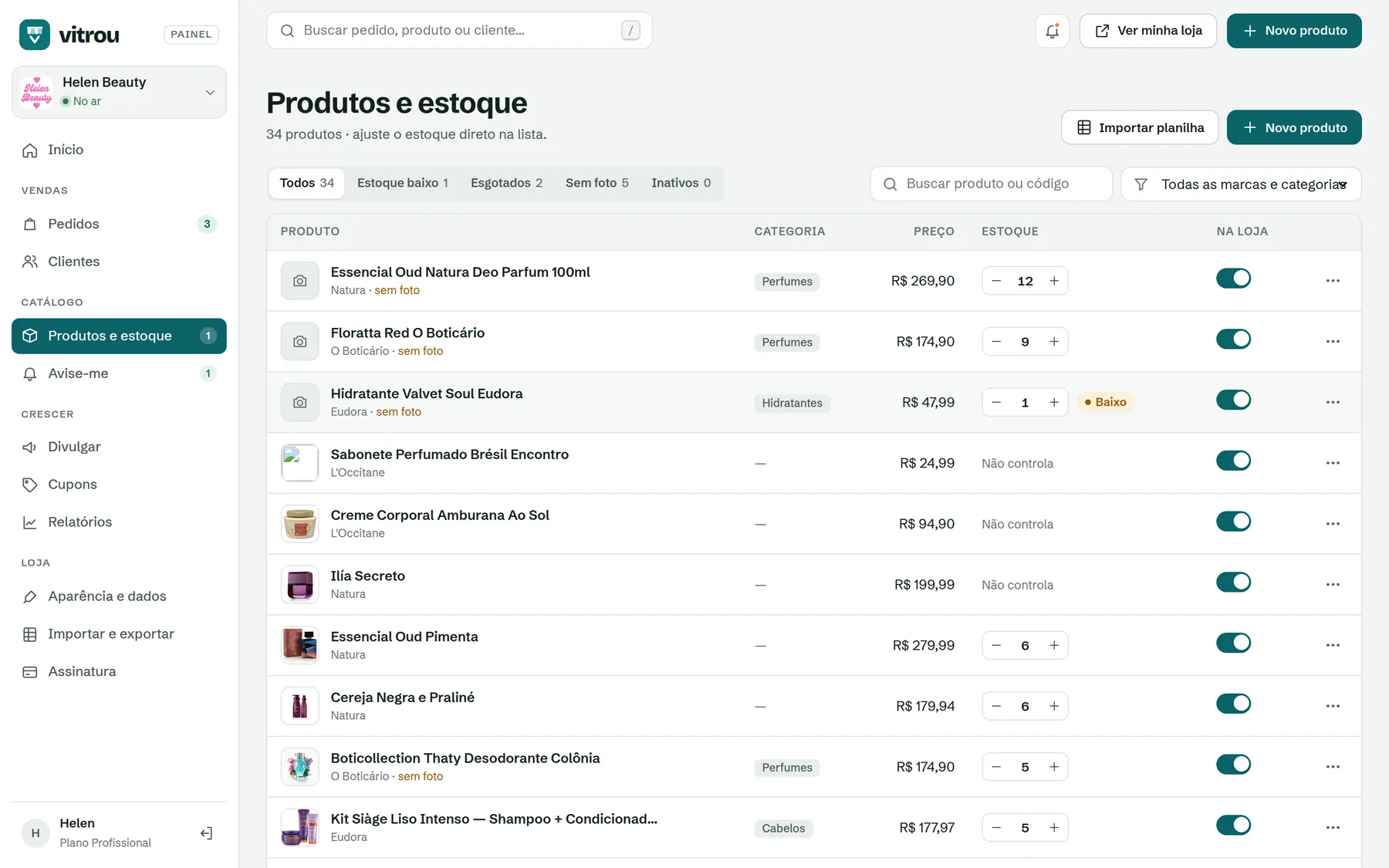 Lista de produtos e estoque no painel