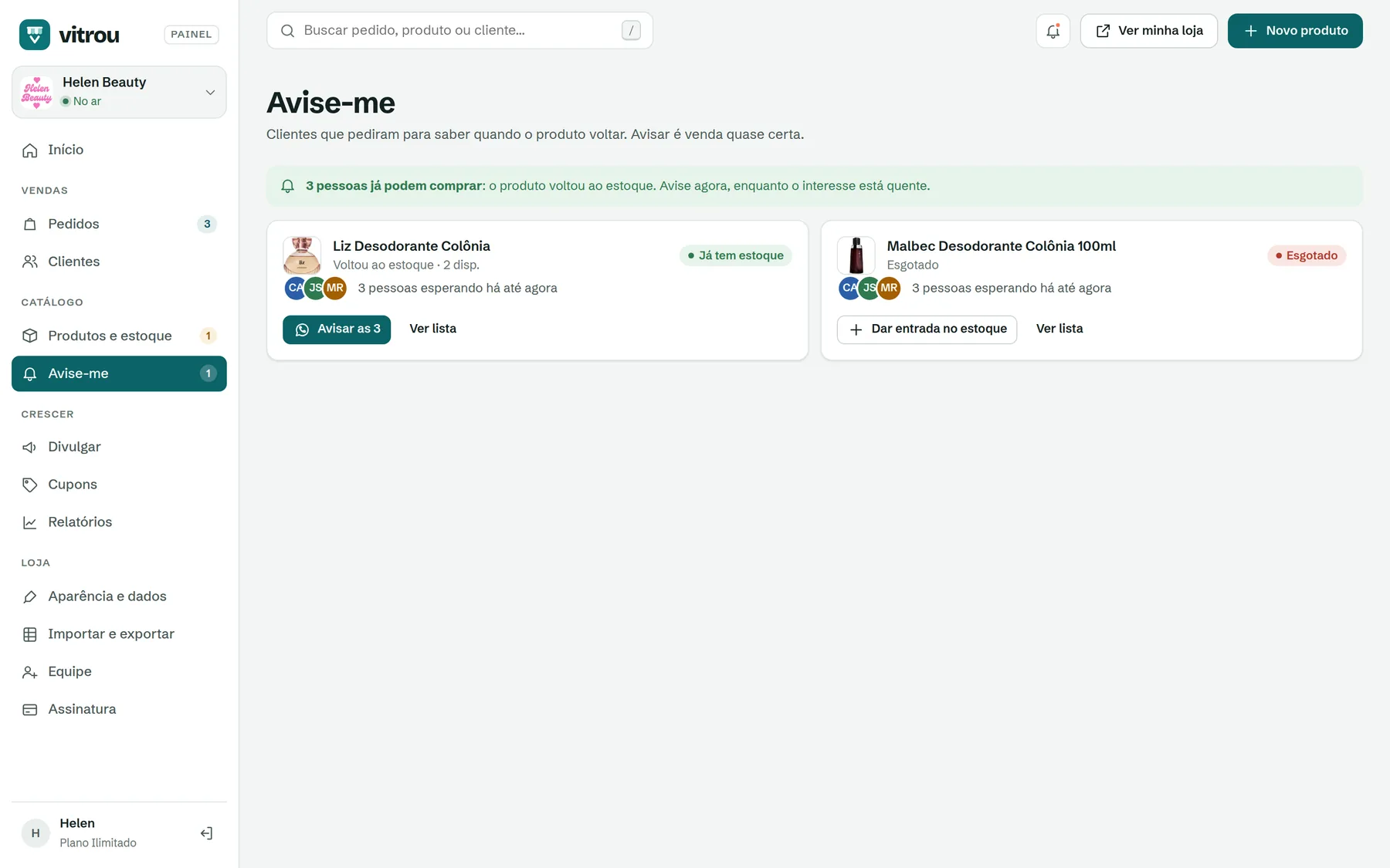 Tela Avise-me com clientes esperando produtos