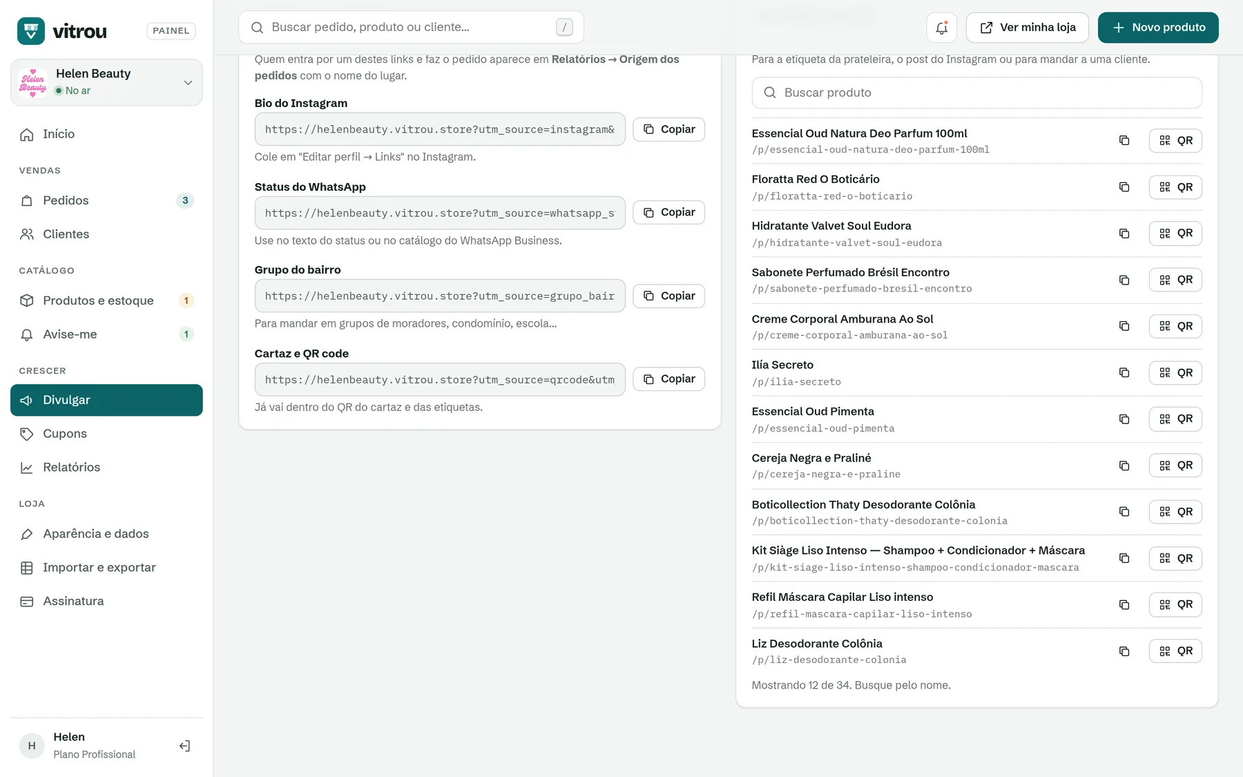 Links com origem e QR por produto