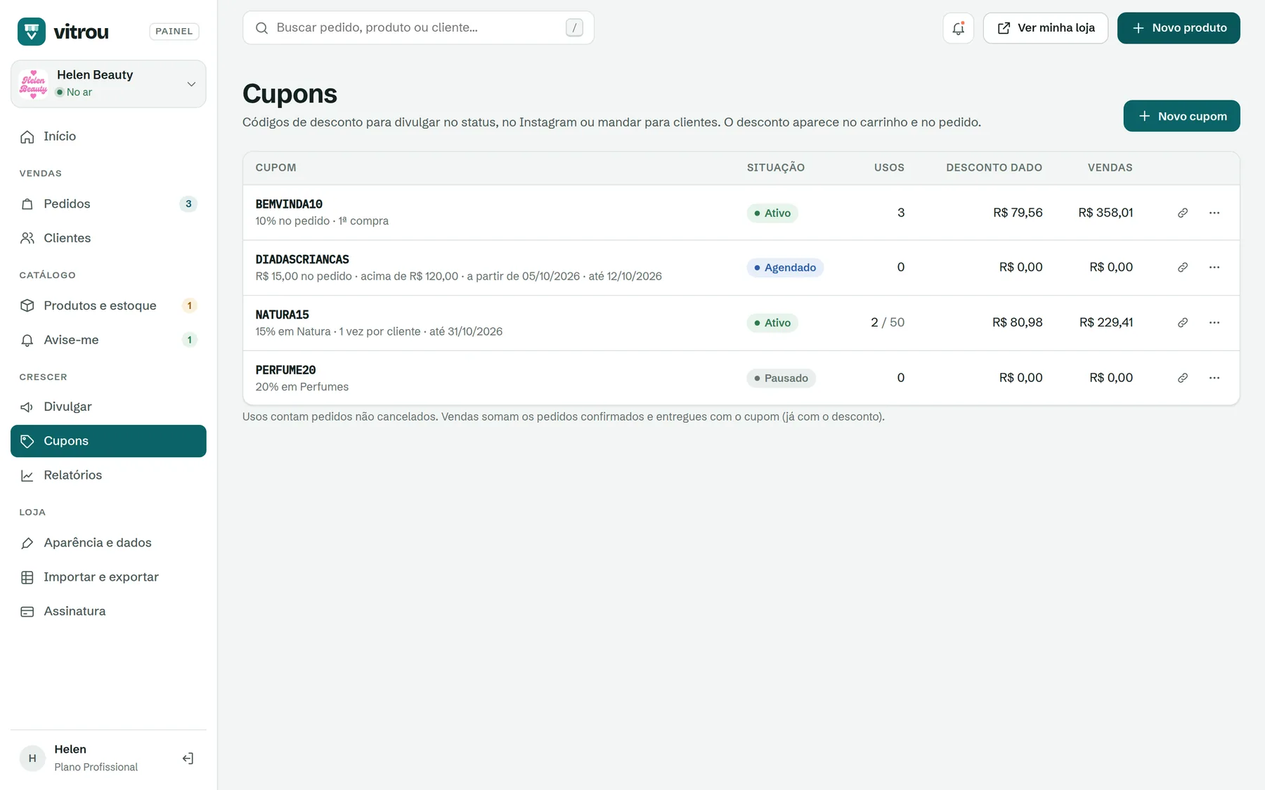 Lista de cupons com situação, usos e vendas