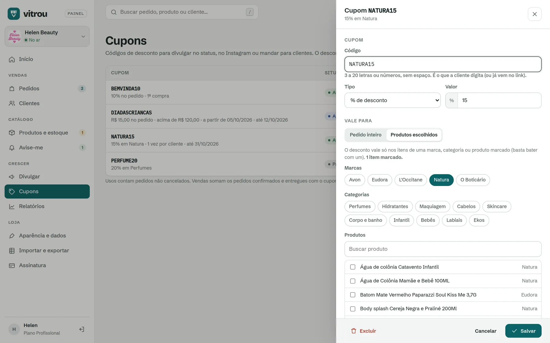 Cupom de 15% em Natura
