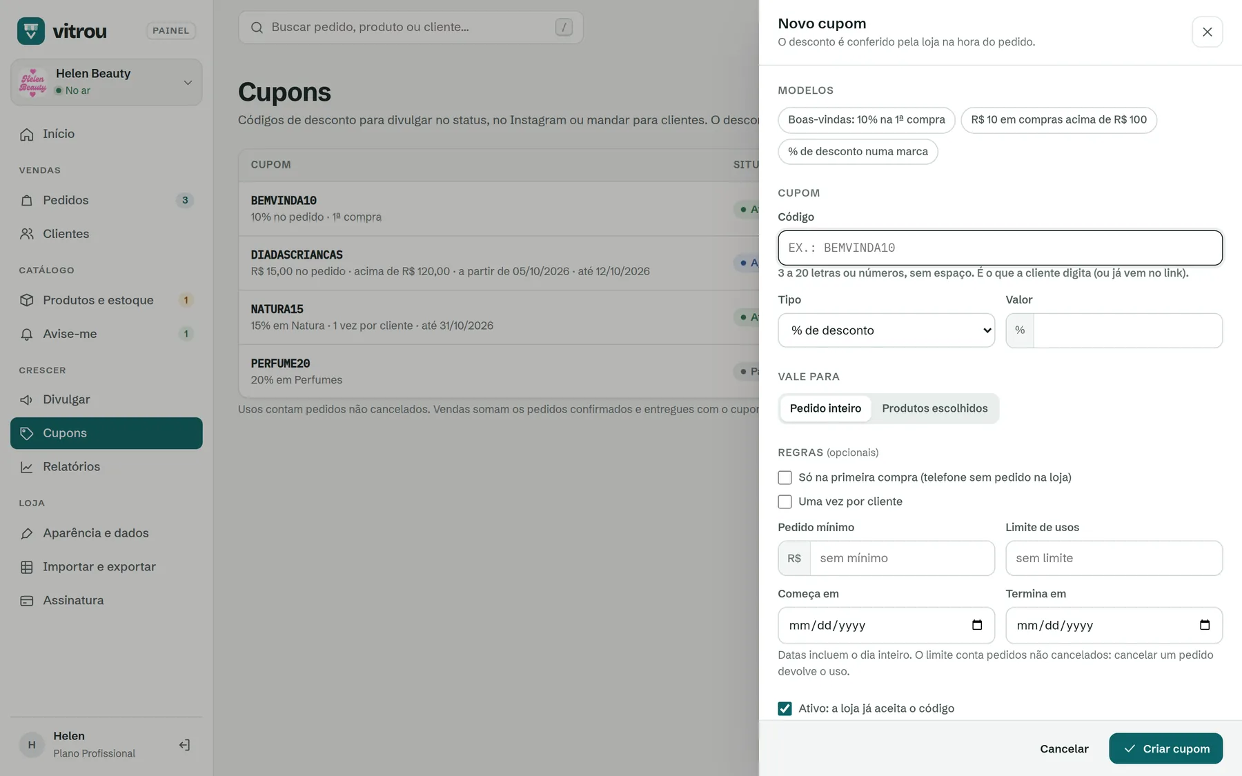 Painel de novo cupom com modelos