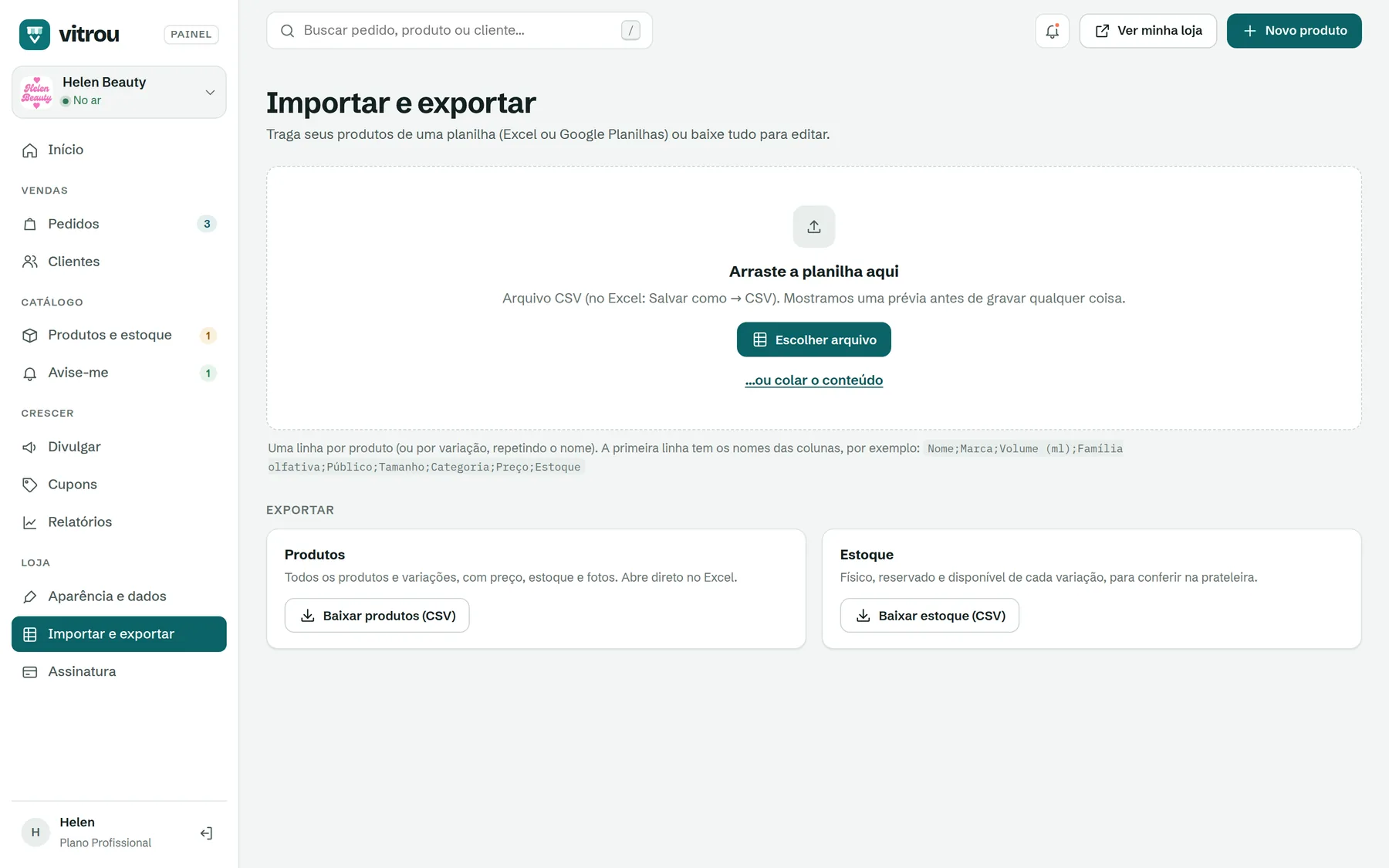 Tela de importar e exportar