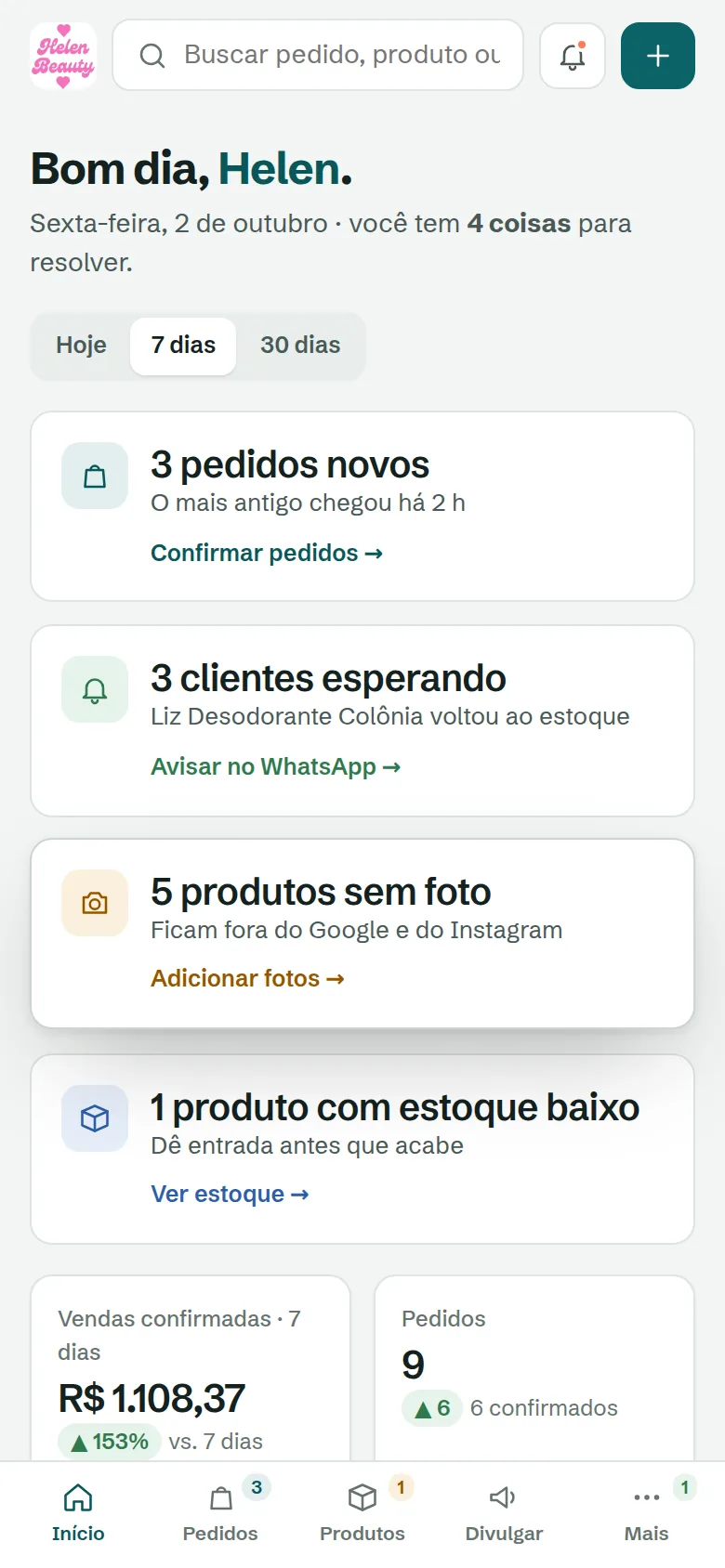Início do painel no celular