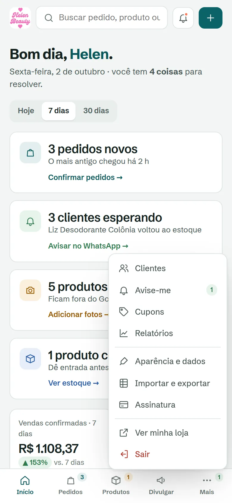 Menu Mais do painel no celular